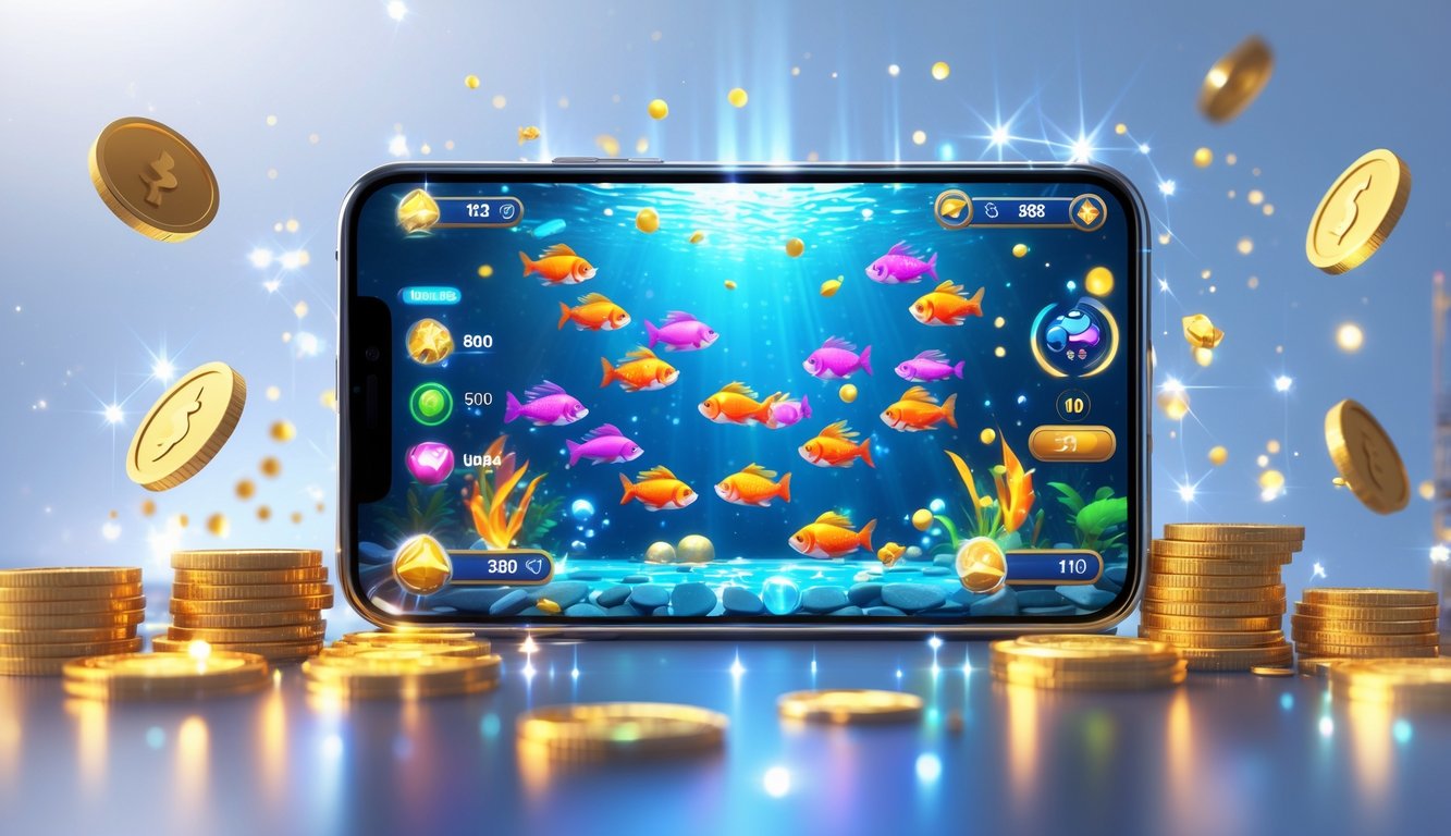 Layar ponsel menampilkan permainan menembak ikan 2D dengan ikan berwarna-warni dan efek kemenangan di latar bawah laut digital.