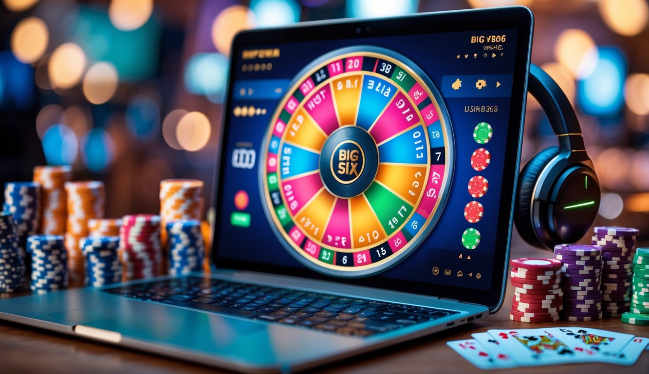 Layar komputer menampilkan permainan Big Six Wheel online dengan chip poker dan kartu di sekitarnya.