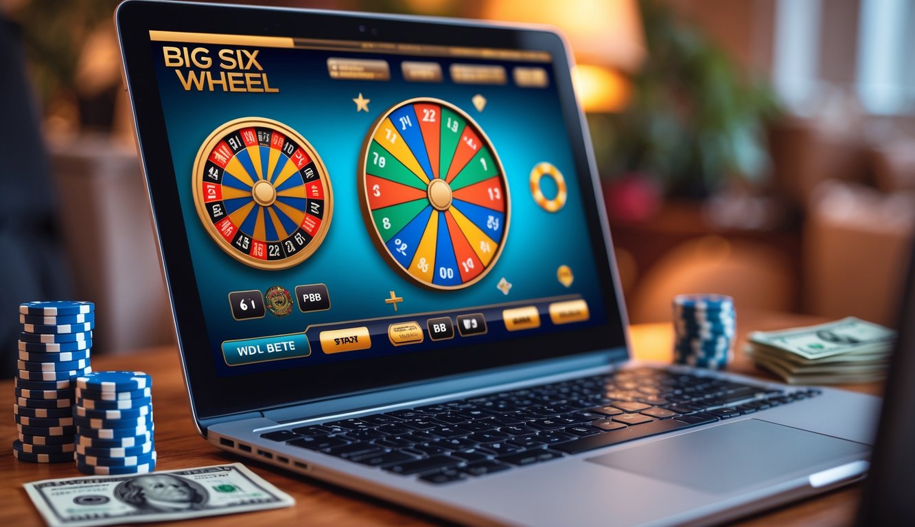 Seorang pemain menggunakan laptop menampilkan permainan Big Six Wheel dengan beberapa chip poker dan uang di meja, suasana nyaman di rumah.