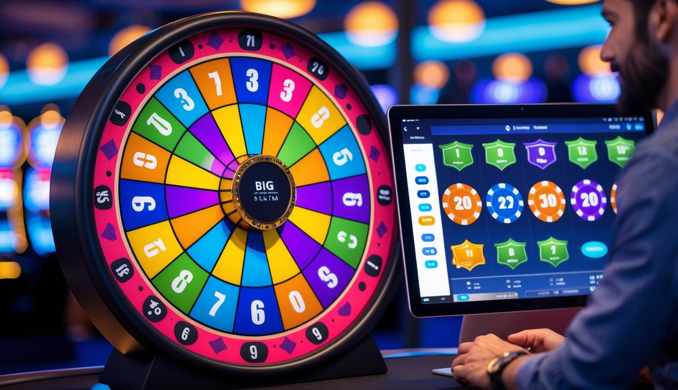 Sebuah roda Big Six yang besar dan berwarna-warni di depan layar komputer modern, menunjukkan suasana kasino online yang aman dan menguntungkan.