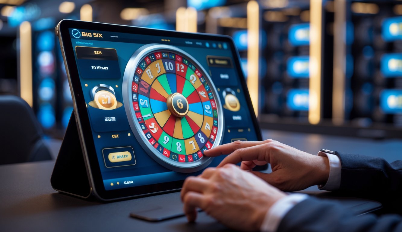 Seorang pemain sedang menggunakan layar sentuh untuk bermain Big Six Wheel di kasino online dengan latar belakang server yang stabil.