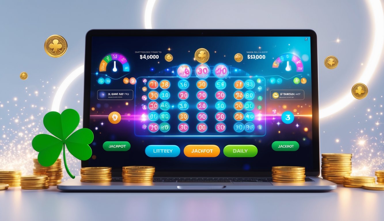 Sebuah laptop atau ponsel menampilkan layar lotere digital dengan simbol keberuntungan dan koin emas di sekitarnya.