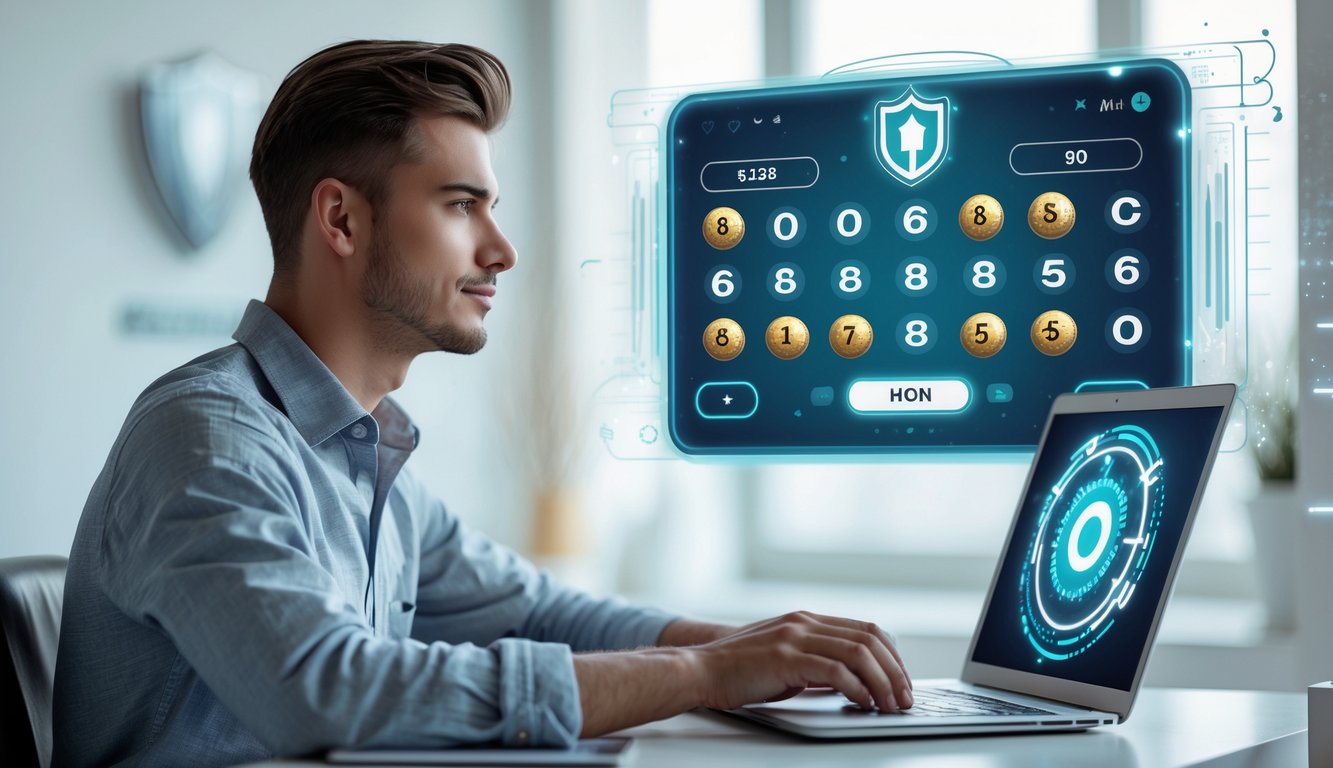 Seorang dewasa muda menggunakan laptop di meja yang rapi dengan tampilan antarmuka lotre online di layar.