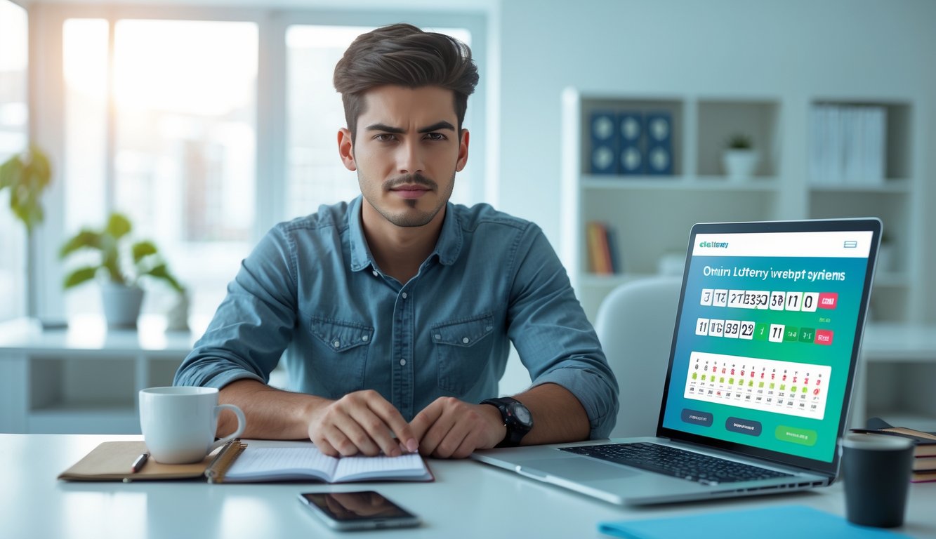 Seorang dewasa muda duduk di meja kerja menggunakan laptop dengan ekspresi fokus, di ruang kantor yang terang dan rapi.