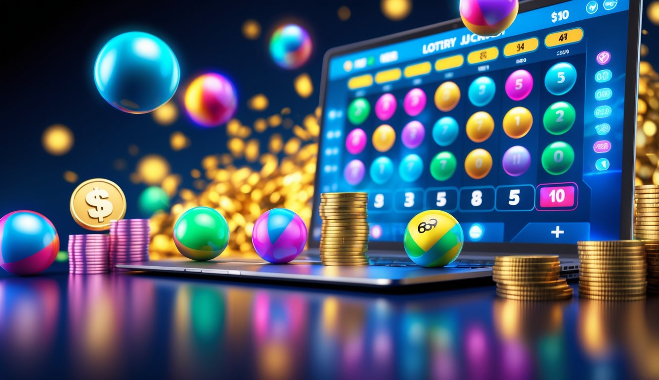 Seseorang menggunakan laptop dengan tampilan permainan lotere online dan simbol kemenangan di layar.