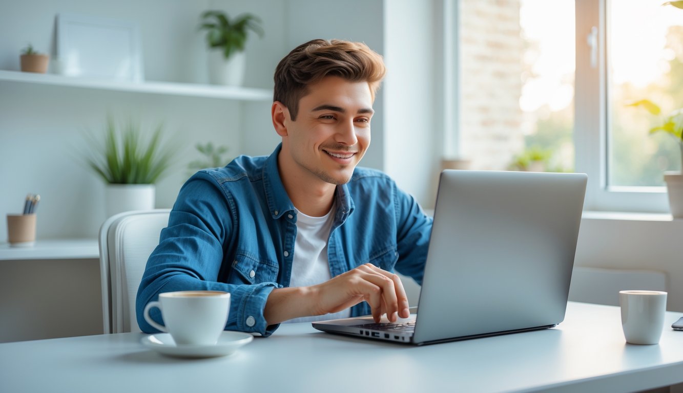 Orang muda duduk di meja dengan laptop, terlihat fokus dan percaya diri bermain judi togel online di ruang kerja yang rapi dan terang.