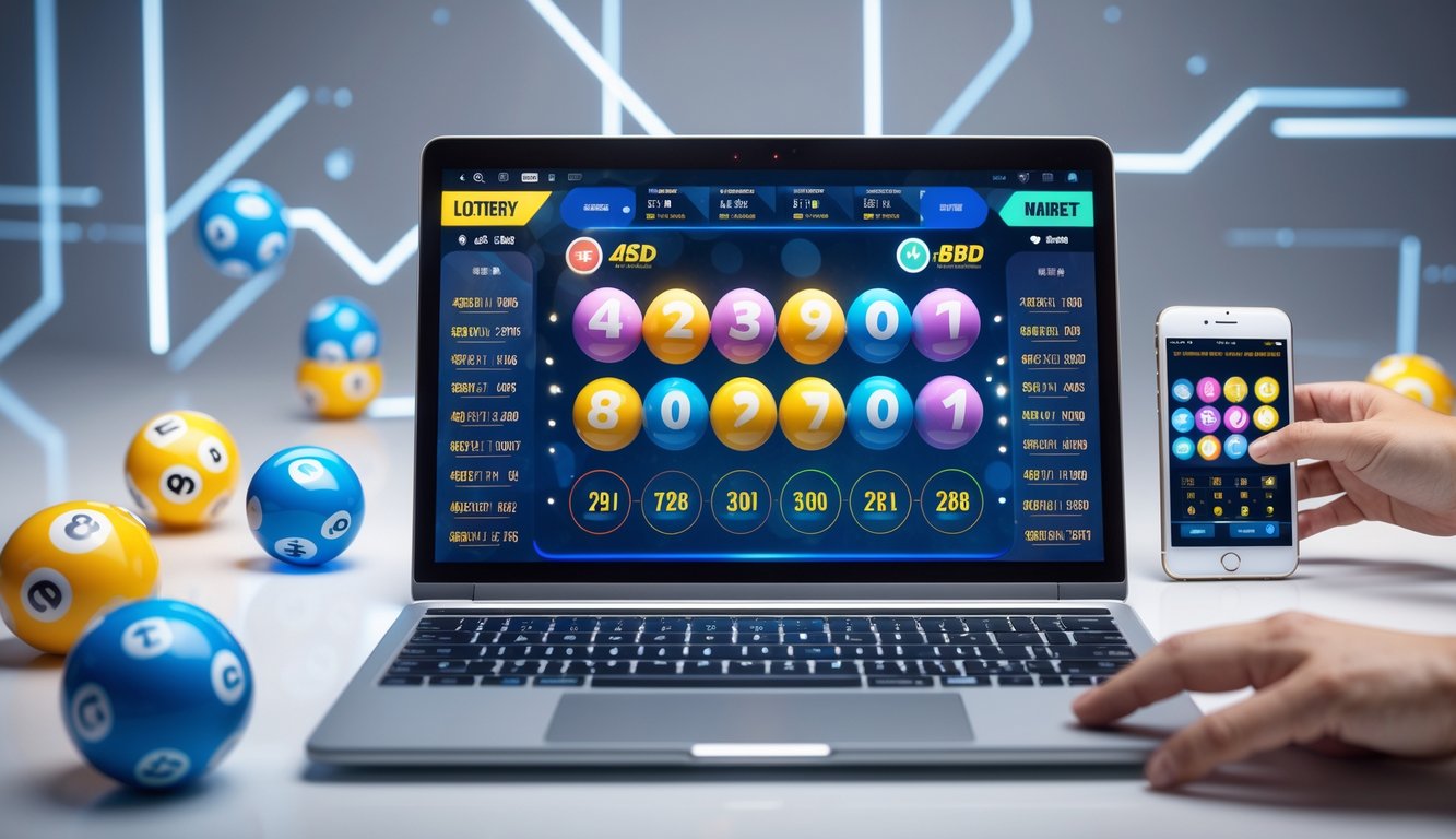 Seseorang menggunakan laptop dan smartphone dengan tampilan antarmuka lotere online yang menampilkan angka-angka dan bola lotere di sekitarnya.