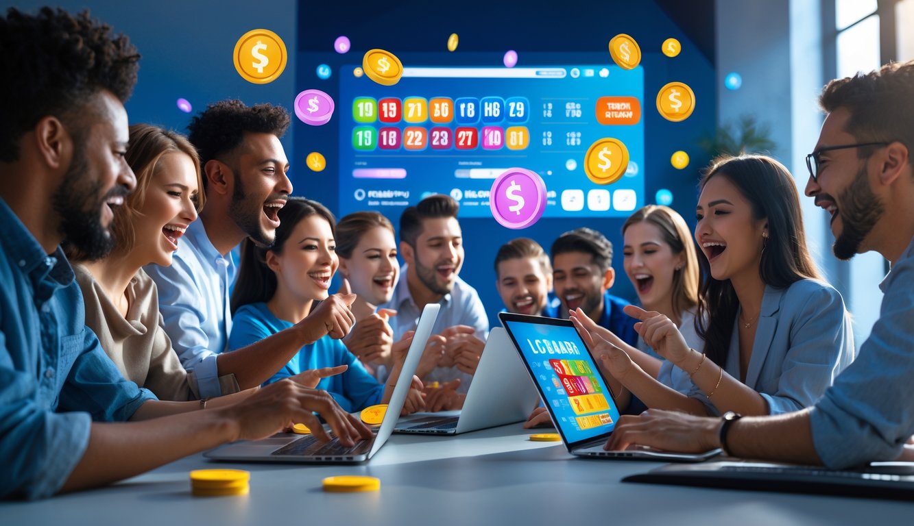 Sekelompok orang sedang menggunakan perangkat digital dengan ekspresi antusias melihat angka lotre dan simbol jackpot.