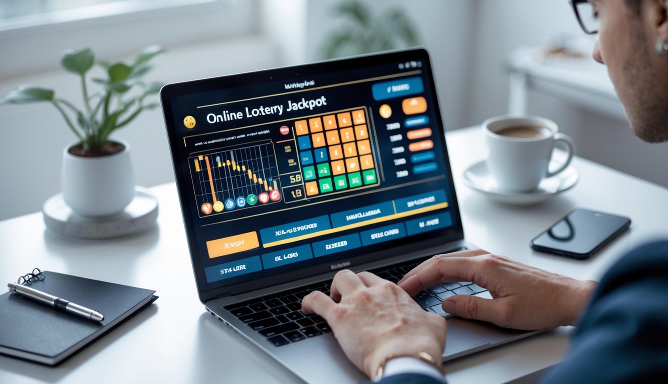Meja kerja modern dengan laptop yang menampilkan layar permainan togel jackpot online, tangan seseorang sedang berinteraksi dengan laptop, dikelilingi oleh cangkir kopi, ponsel, dan buku catatan.