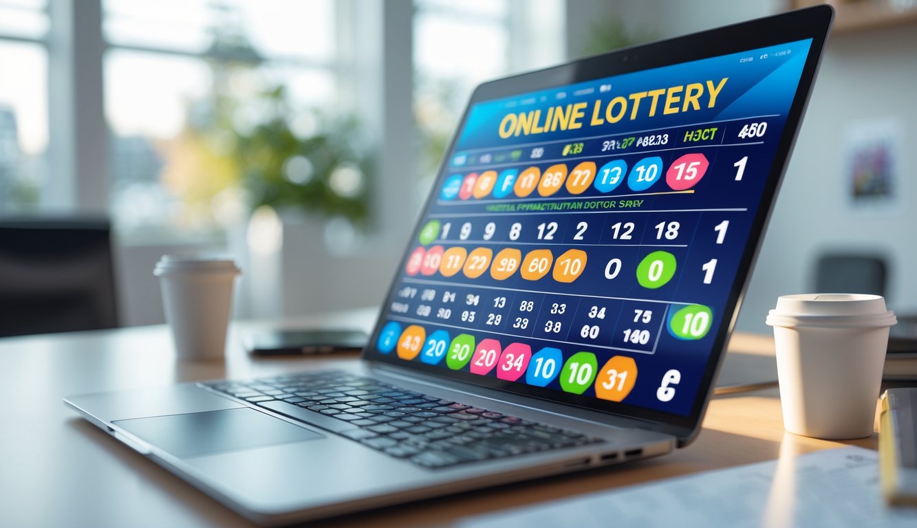 Seseorang menggunakan komputer dengan layar menampilkan antarmuka lotere online di ruang kerja yang rapi.