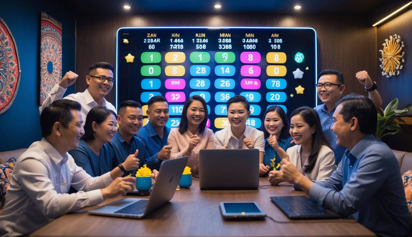 Sekelompok orang Indonesia sedang berkumpul dan merayakan kemenangan lotere online di sebuah ruangan modern dengan layar digital besar menampilkan angka lotere.