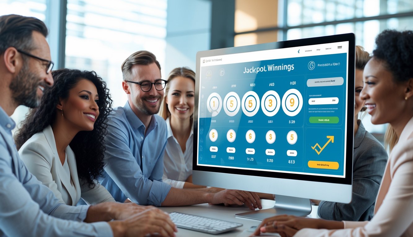 Sekelompok orang sedang melihat layar komputer dengan tampilan sistem lotere online yang transparan di sebuah kantor.