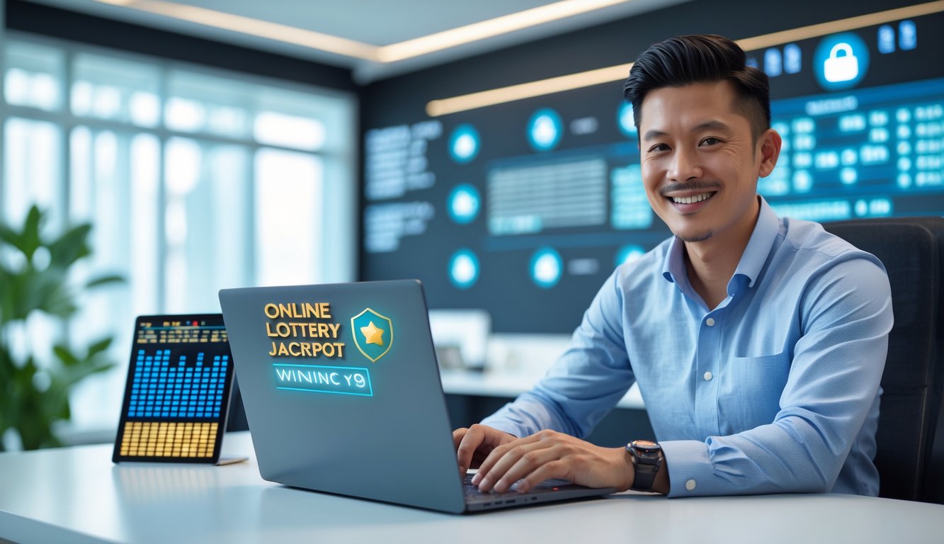 Seorang pria Asia Tenggara duduk di meja dengan laptop terbuka menampilkan grafik dan angka, di ruangan kantor modern yang terang dan rapi.