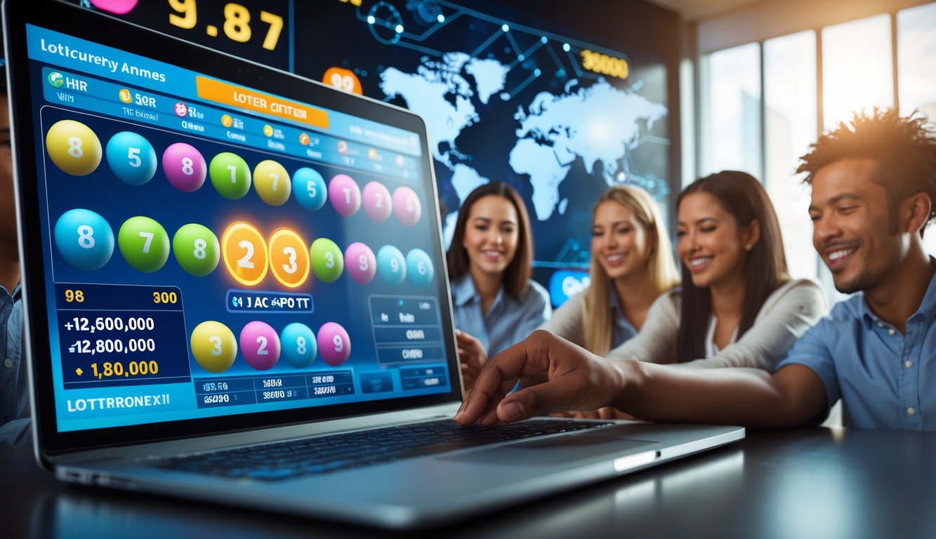 Orang-orang menggunakan perangkat digital untuk bermain lotere online dengan latar belakang elemen dunia dan bola lotere berwarna-warni.