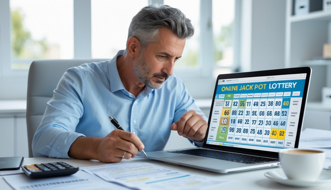 Seorang pria dewasa duduk di meja kerja dengan laptop, menganalisis angka togel dan mencatat strategi di ruang kerja yang terang.
