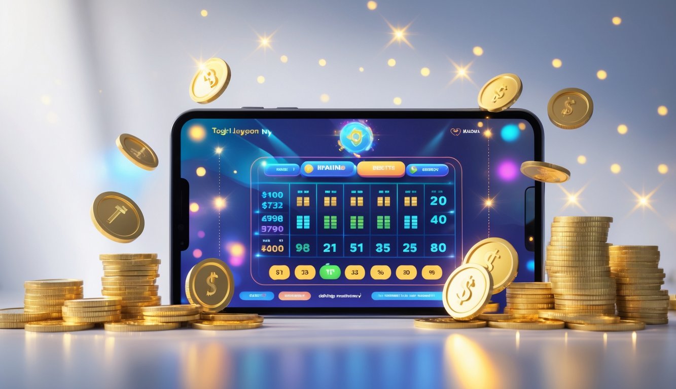 Seseorang menggunakan perangkat digital dengan layar yang menampilkan antarmuka lotere online dan simbol kemenangan seperti koin emas dan tumpukan uang di sekitarnya.