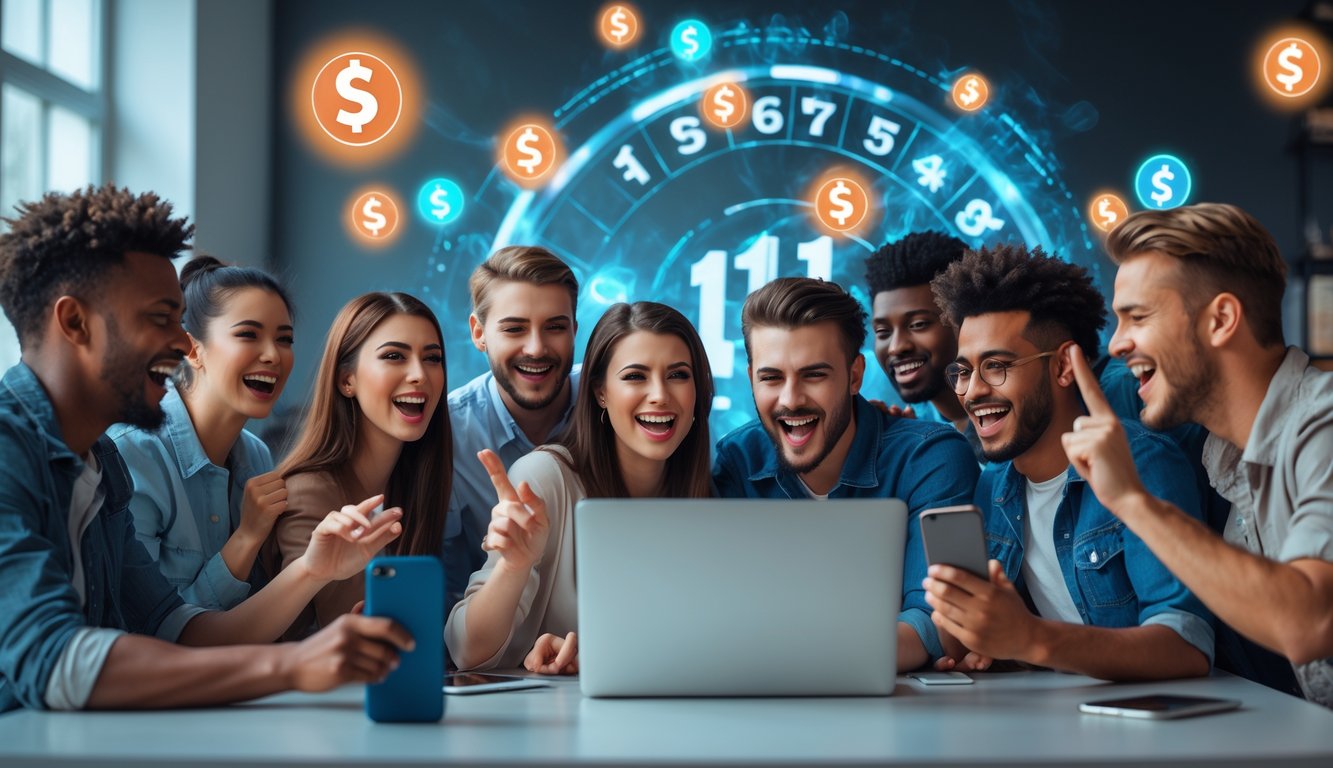 Sekelompok orang muda yang bahagia merayakan kemenangan jackpot togel online di depan laptop dan ponsel di ruangan modern.