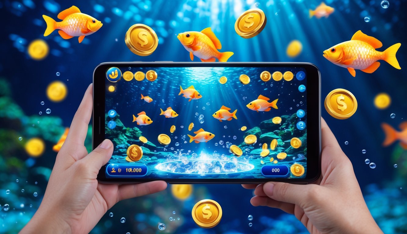 Layar perangkat digital menampilkan permainan tembak ikan online dengan ikan berwarna-warni dan simbol jackpot di latar bawah laut.