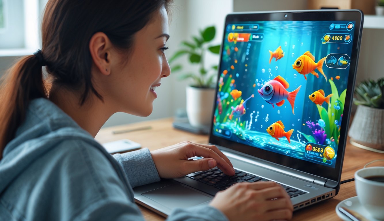 Seorang pemula bermain permainan tembak ikan online di laptop di ruang tamu yang nyaman.