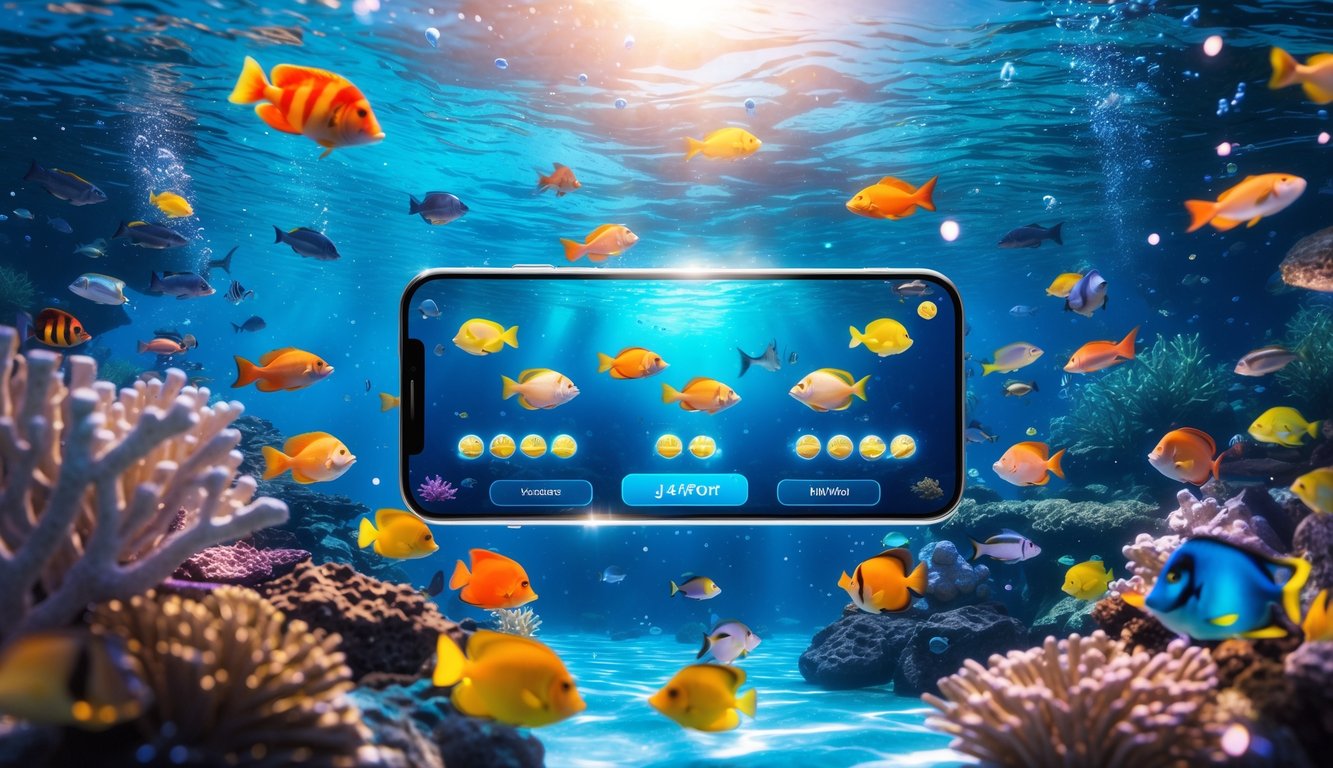 Pemandangan bawah laut dengan ikan tropis berwarna-warni berenang di sekitar terumbu karang dan antarmuka permainan memancing digital yang modern.