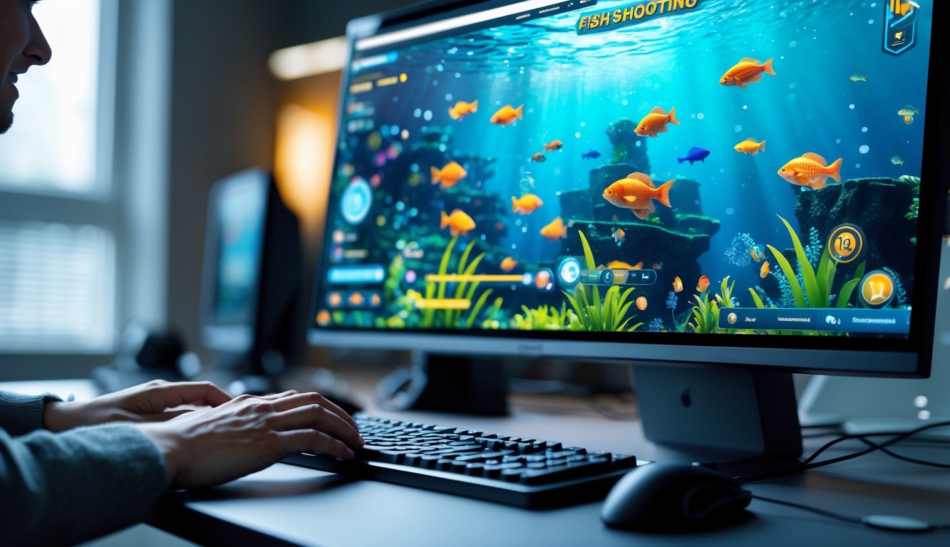 Seseorang sedang bermain game tembak ikan online di depan komputer dengan latar belakang grafis ikan berwarna-warni di layar.