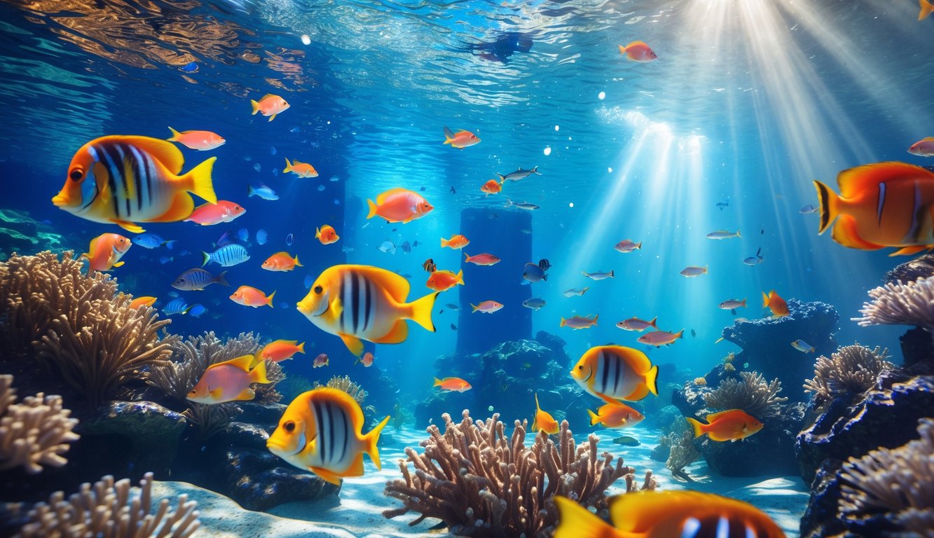 Pemandangan bawah laut dengan berbagai ikan tropis berwarna-warni berenang di antara terumbu karang yang jernih.