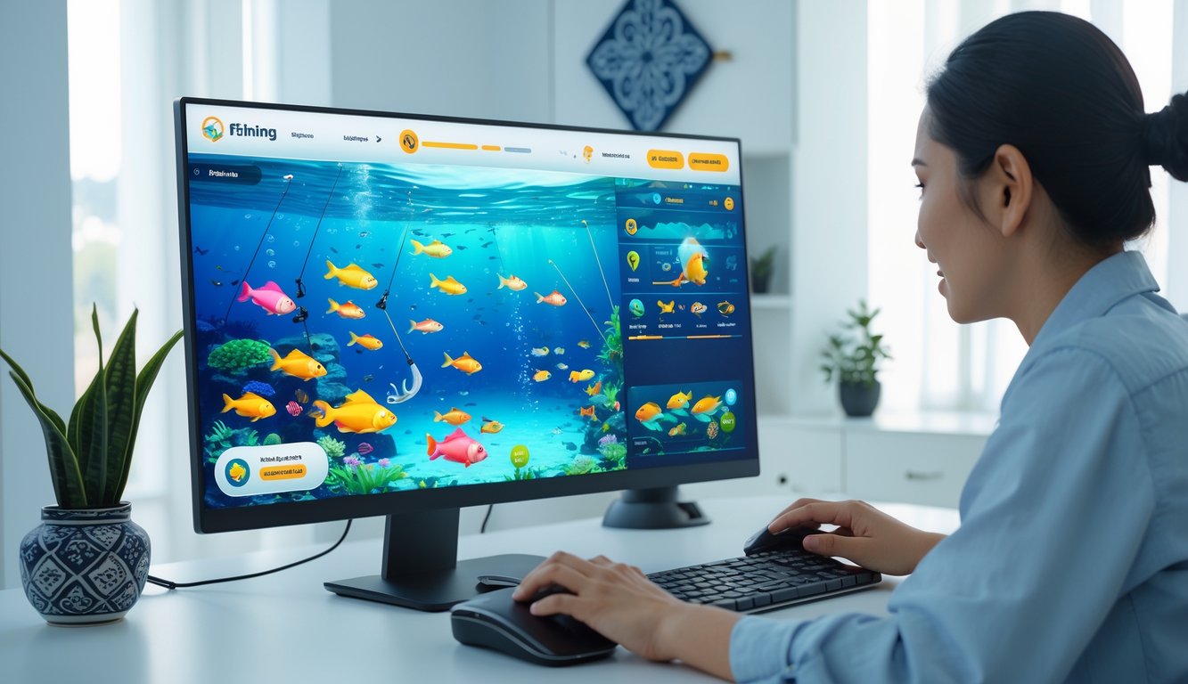 Seseorang sedang bermain permainan memancing online di komputer dengan latar belakang ikan-ikan berwarna-warni di layar.