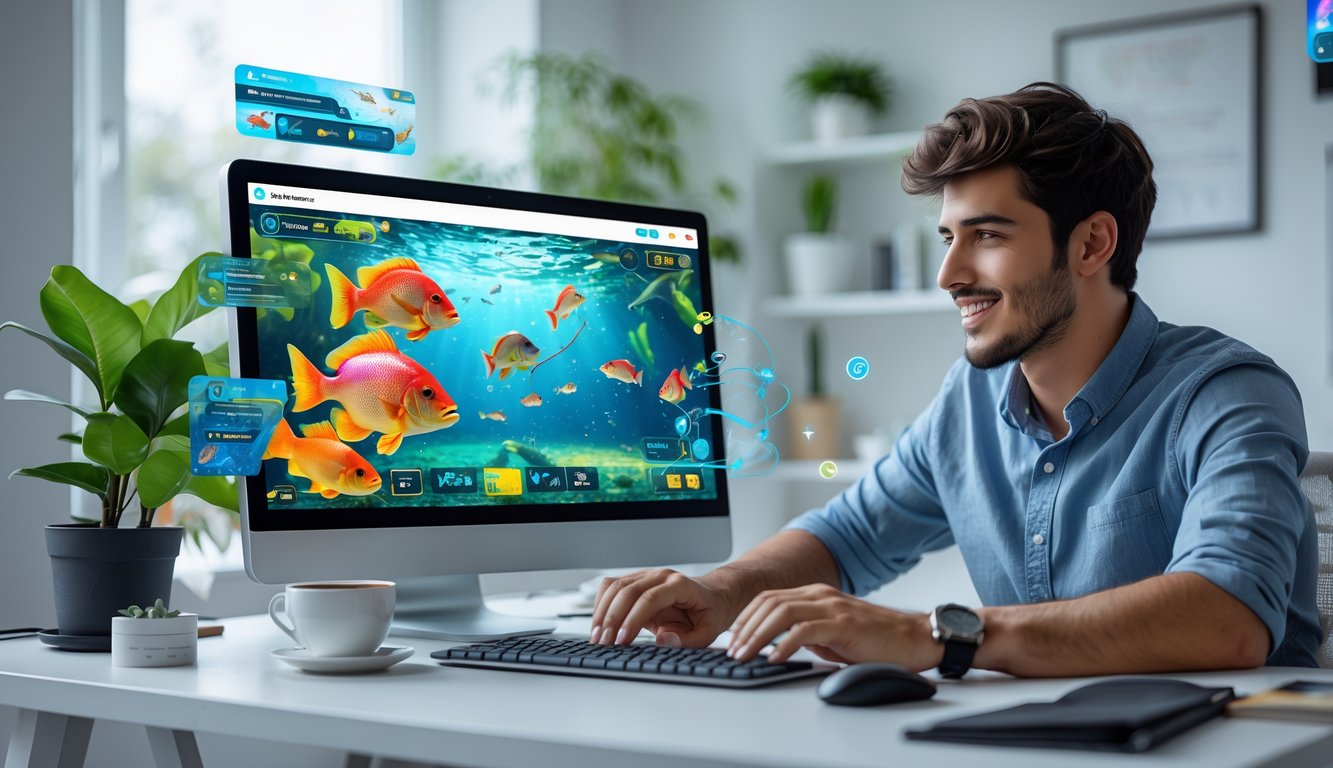Seorang pria muda duduk di depan komputer dengan layar menampilkan permainan tembak ikan online, di ruang kerja rumah yang terang dan rapi.