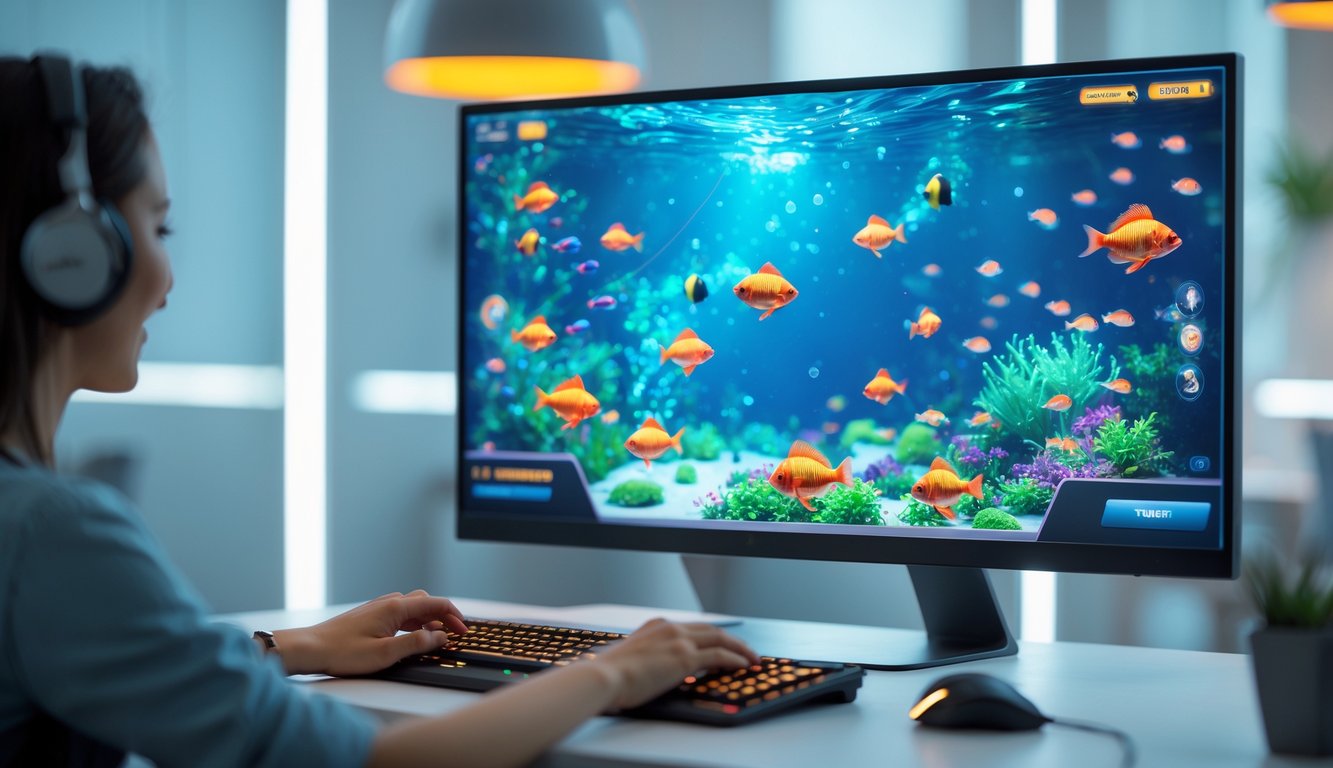 Sebuah setup komputer modern menampilkan layar dengan gambar ikan berwarna-warni di bawah laut dalam permainan online, menggambarkan suasana aman dan nyaman.