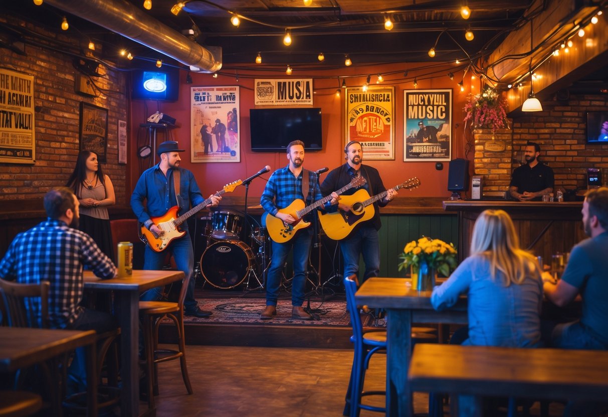 A lively bar interior with a band performing live music on stage and an engaged audience enjoying the show.