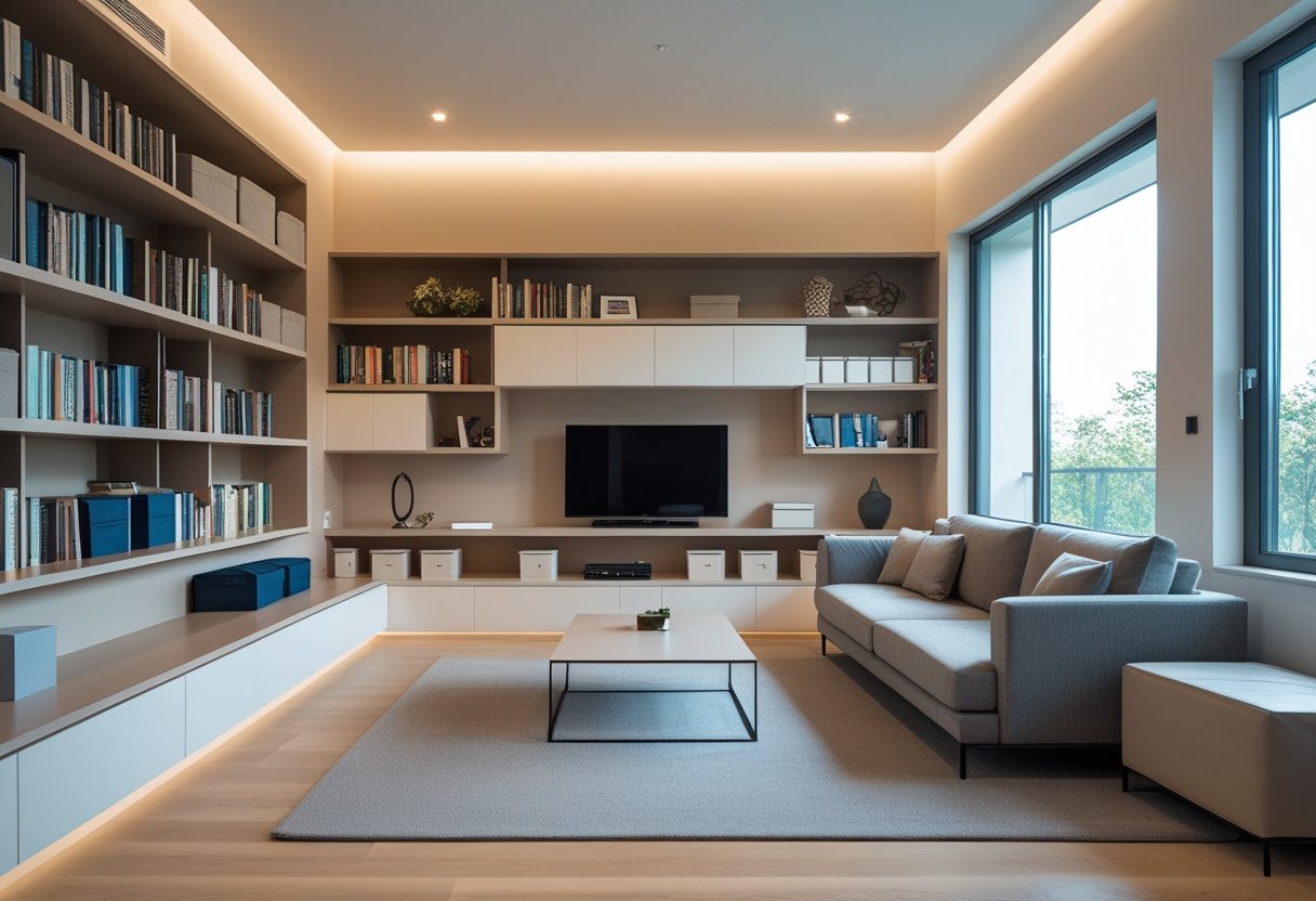 A bright living room with built-in shelves neatly organized and ample open floor space.