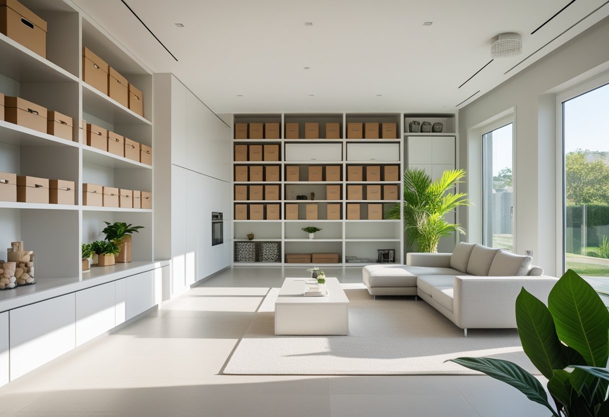 A modern living room with built-in shelves and organized storage next to a spacious seating area with natural light.