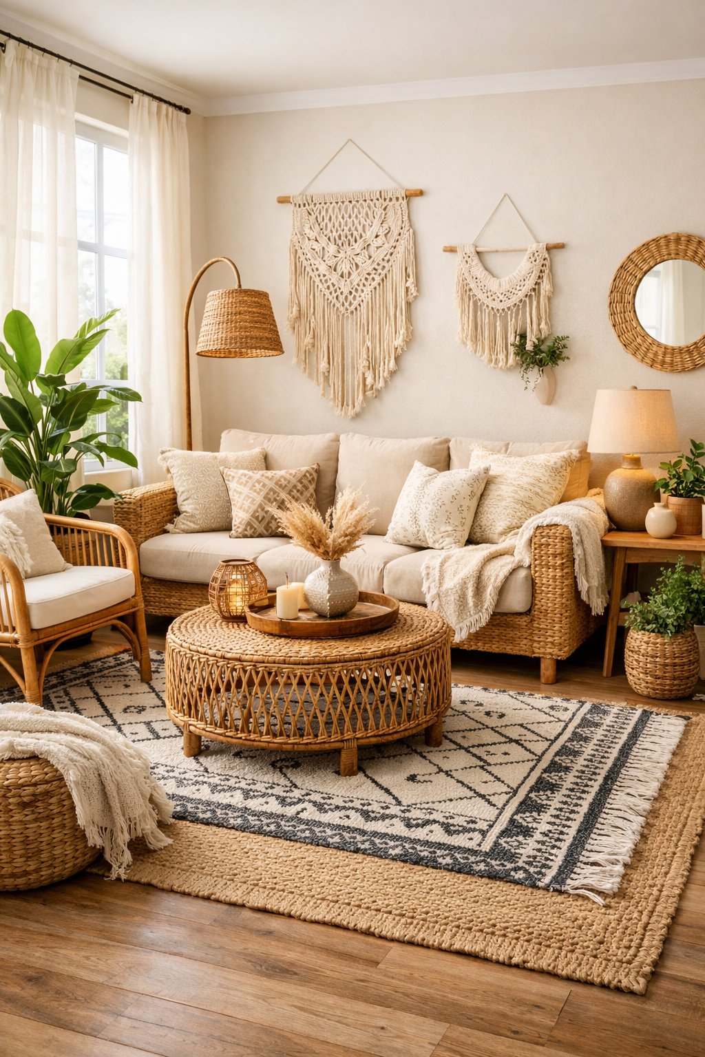 A bright living room with woven furniture, green plants, patterned rugs, cushions, and warm lighting creating a cozy and inviting atmosphere.