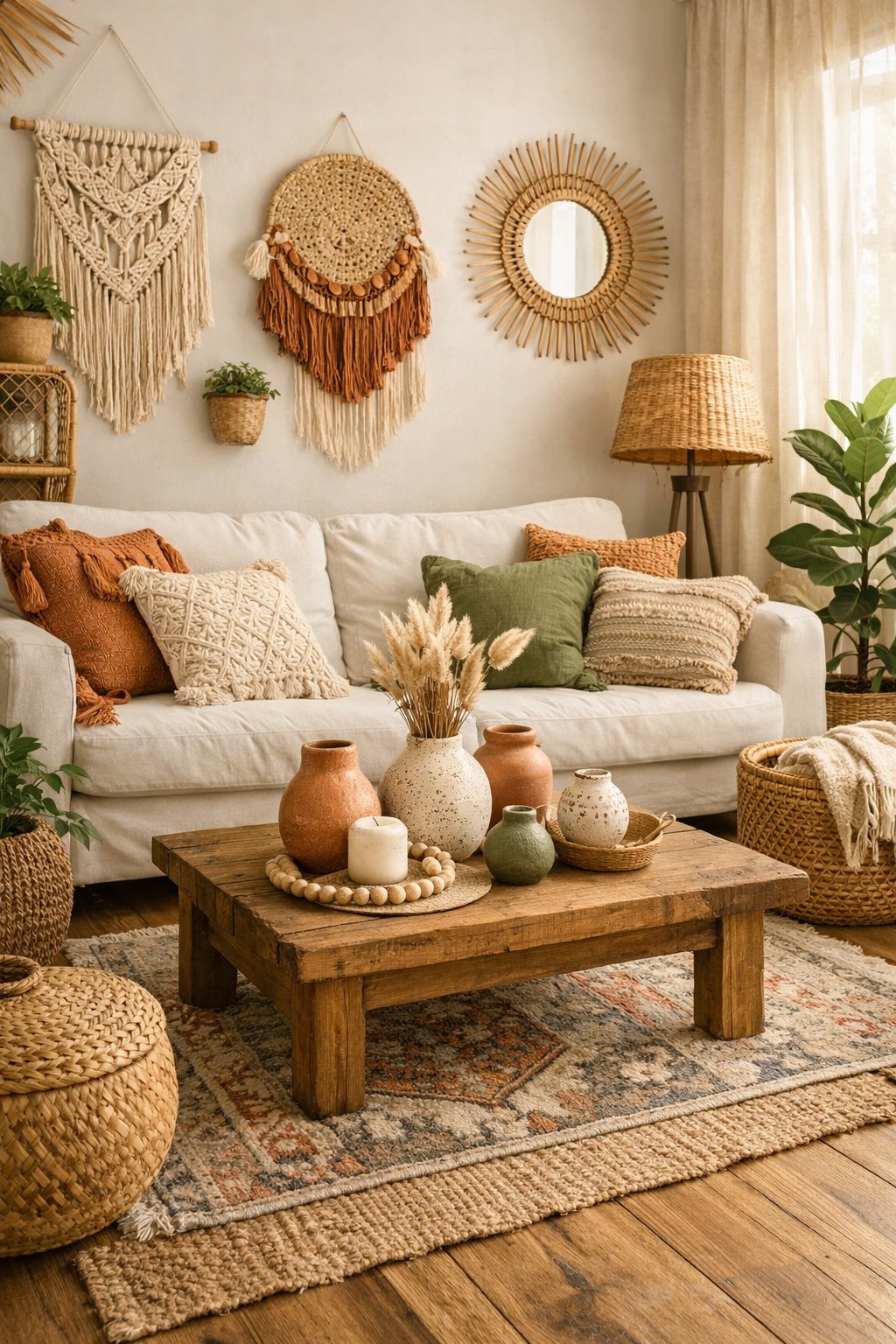 A cozy living room with woven baskets, plants, patterned rugs, and handmade decorative items arranged around a wooden coffee table.