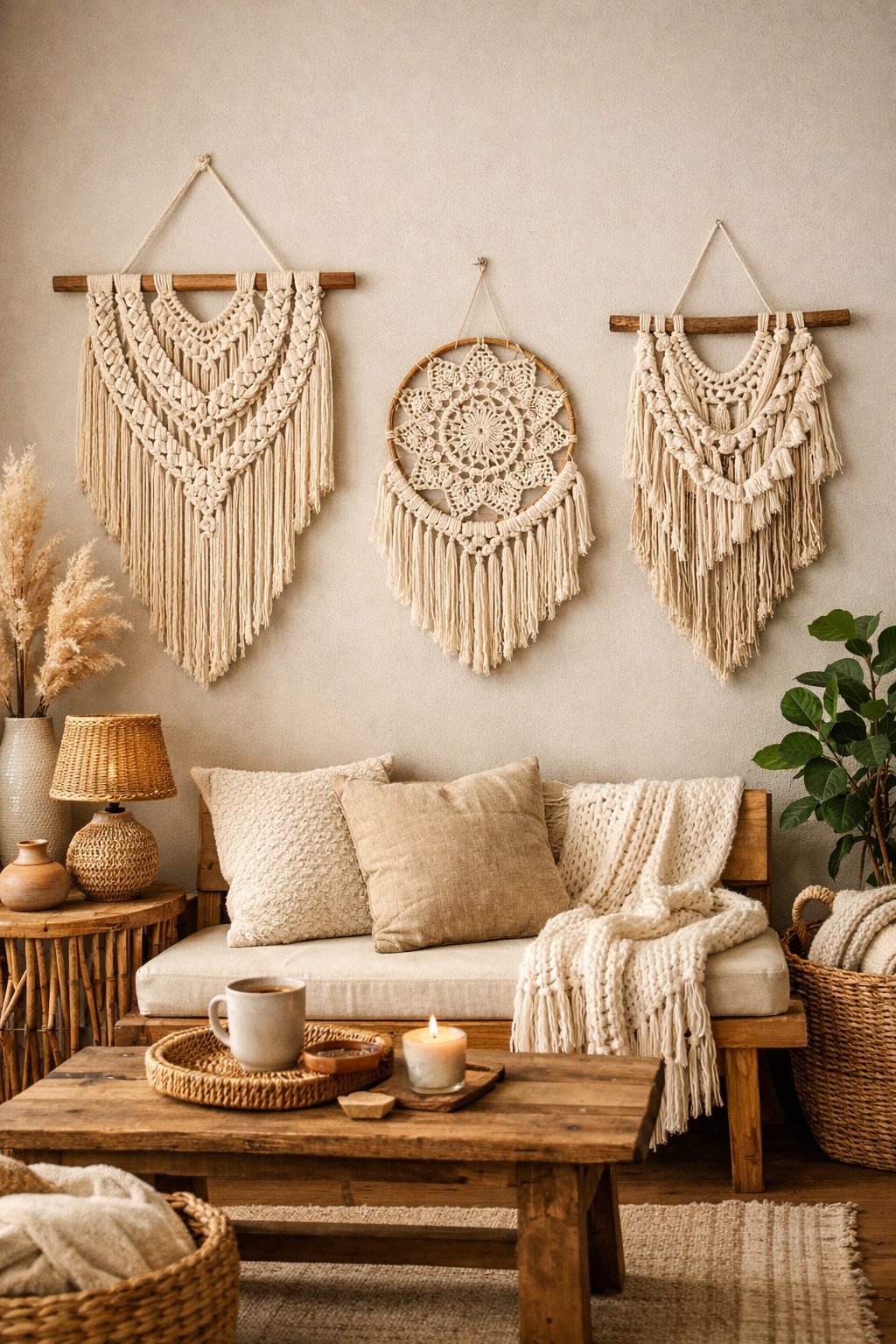 Interior room with macramé wall hangings, wooden furniture, plants, and soft cushions creating a cozy atmosphere.