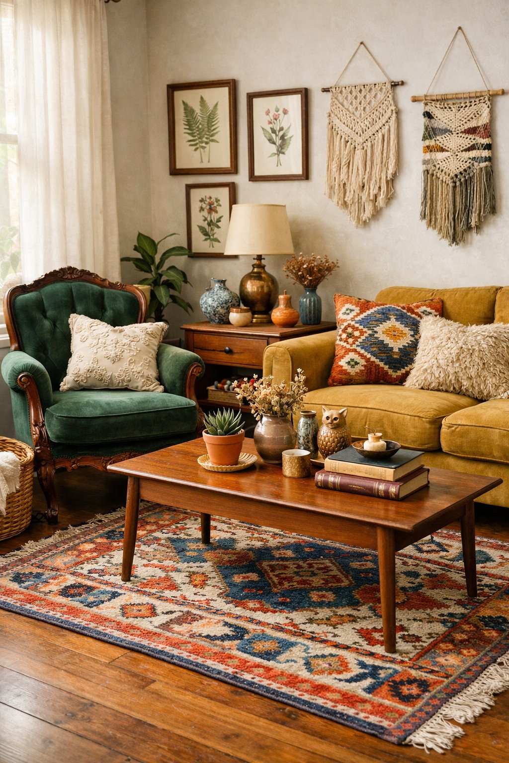 A cozy living room with vintage furniture, plants, decorative items, and soft natural light.