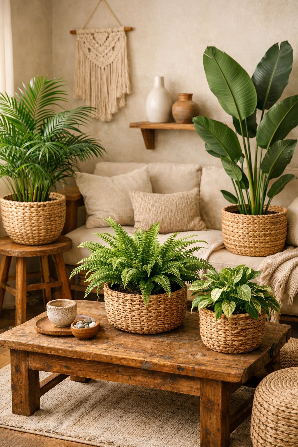 Indoor living room with green plants in woven baskets arranged around wooden furniture and soft natural light.
