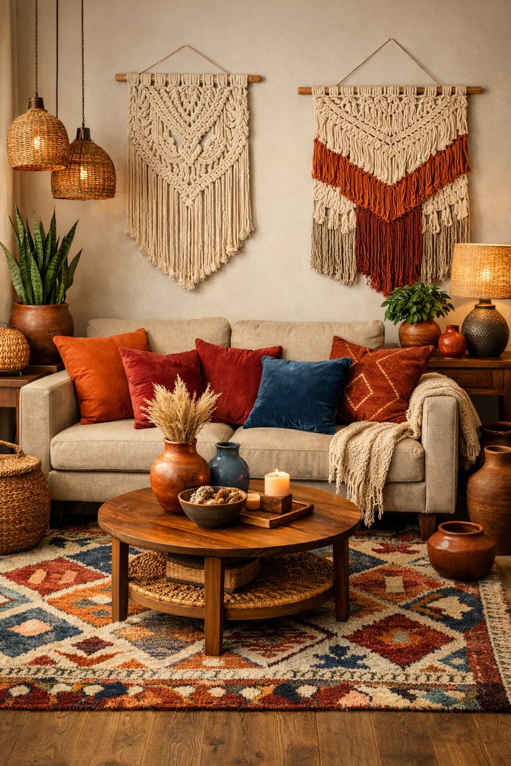A living room with colorful cushions on a neutral sofa, wooden furniture, plants, and decorative items creating a warm and inviting atmosphere.