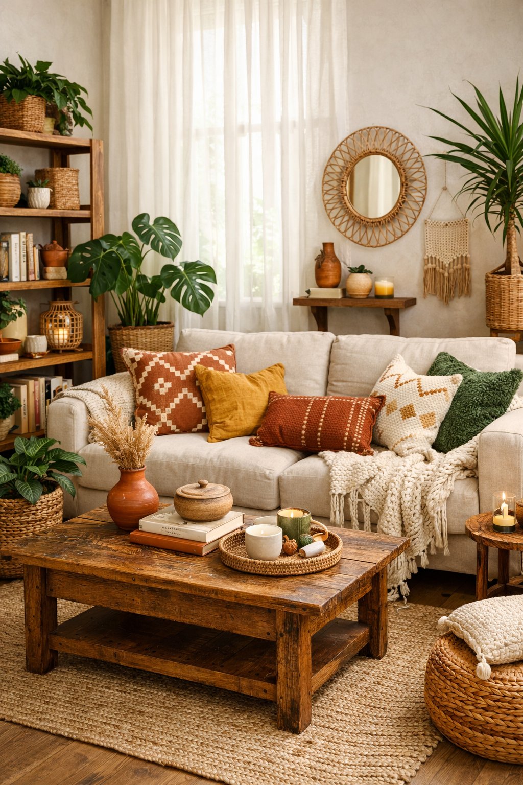 A cozy living room with a sofa, patterned pillows, plants, wooden furniture, and soft natural light.