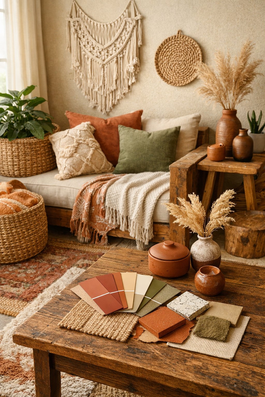 A bright living room corner with wooden furniture, woven baskets, soft pillows, rugs, plants, and decorative vases arranged together.