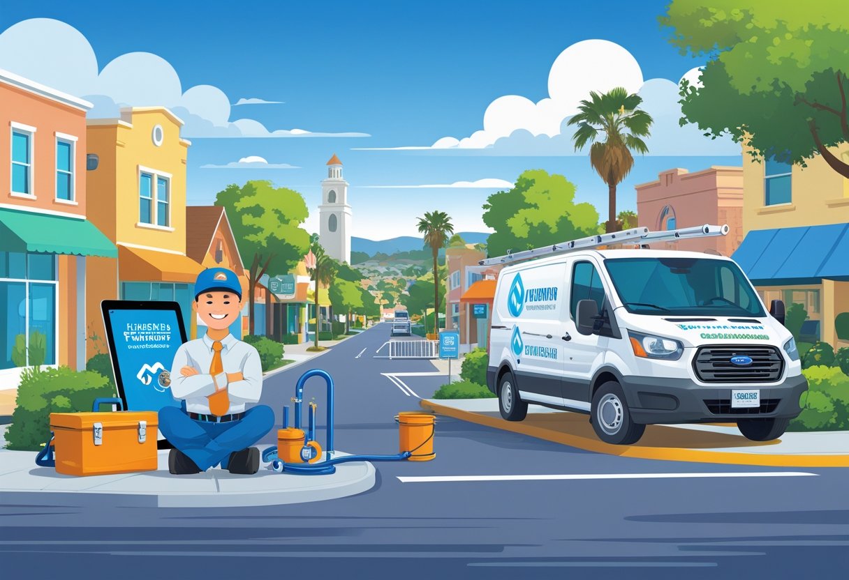 A plumber standing next to a branded van with tools on a small-town street in Moorpark, California, with houses and clear skies in the background.
