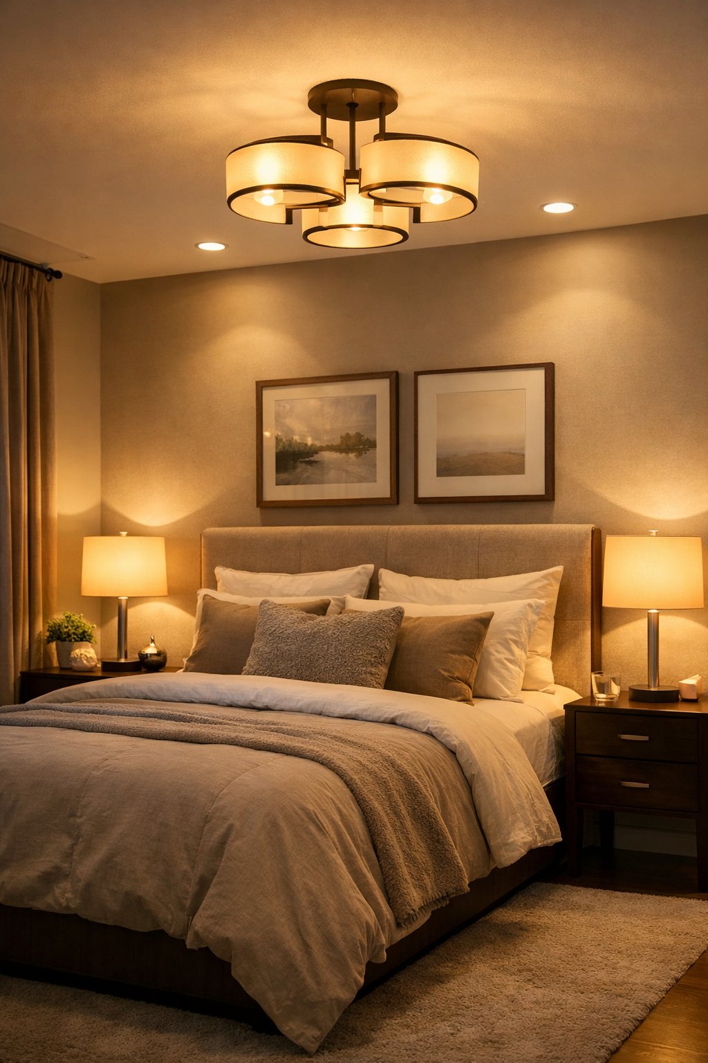 A master bedroom with a large bed, bedside tables with lamps, and overhead lights creating a warm, inviting atmosphere.