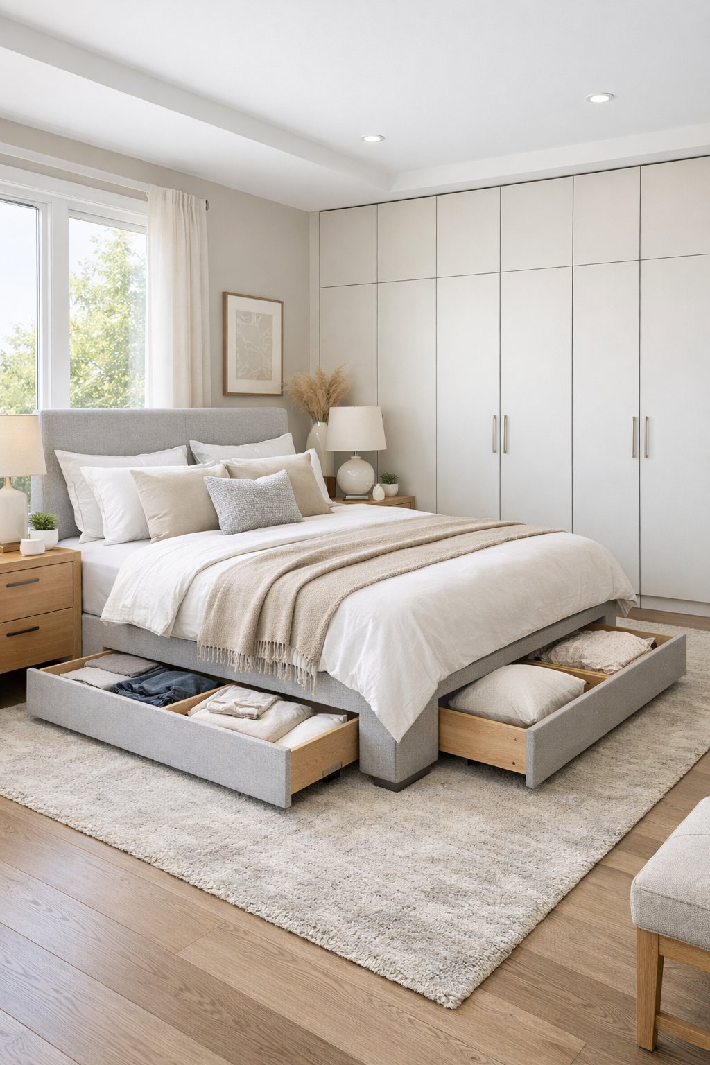 A master bedroom with a bed featuring under-bed drawers and tall custom wardrobes along the wall.