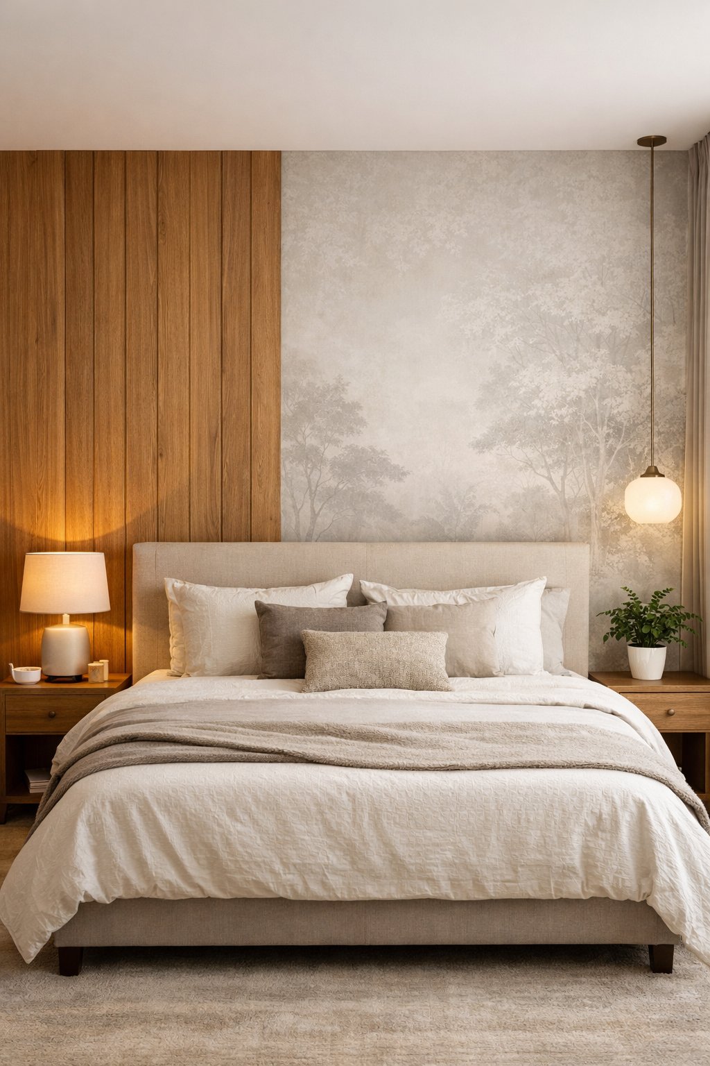 A master bedroom with a bed in front of an accent wall that has wood paneling and calming wallpaper.
