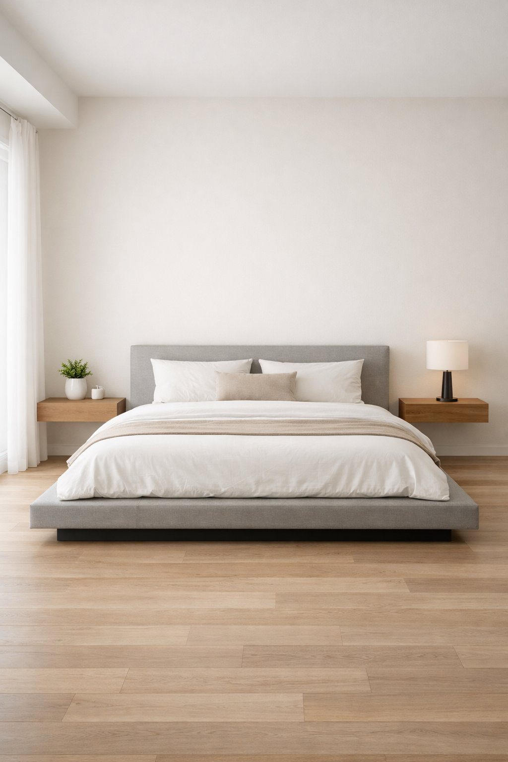 A master bedroom with a platform bed and floating nightstands under natural light.