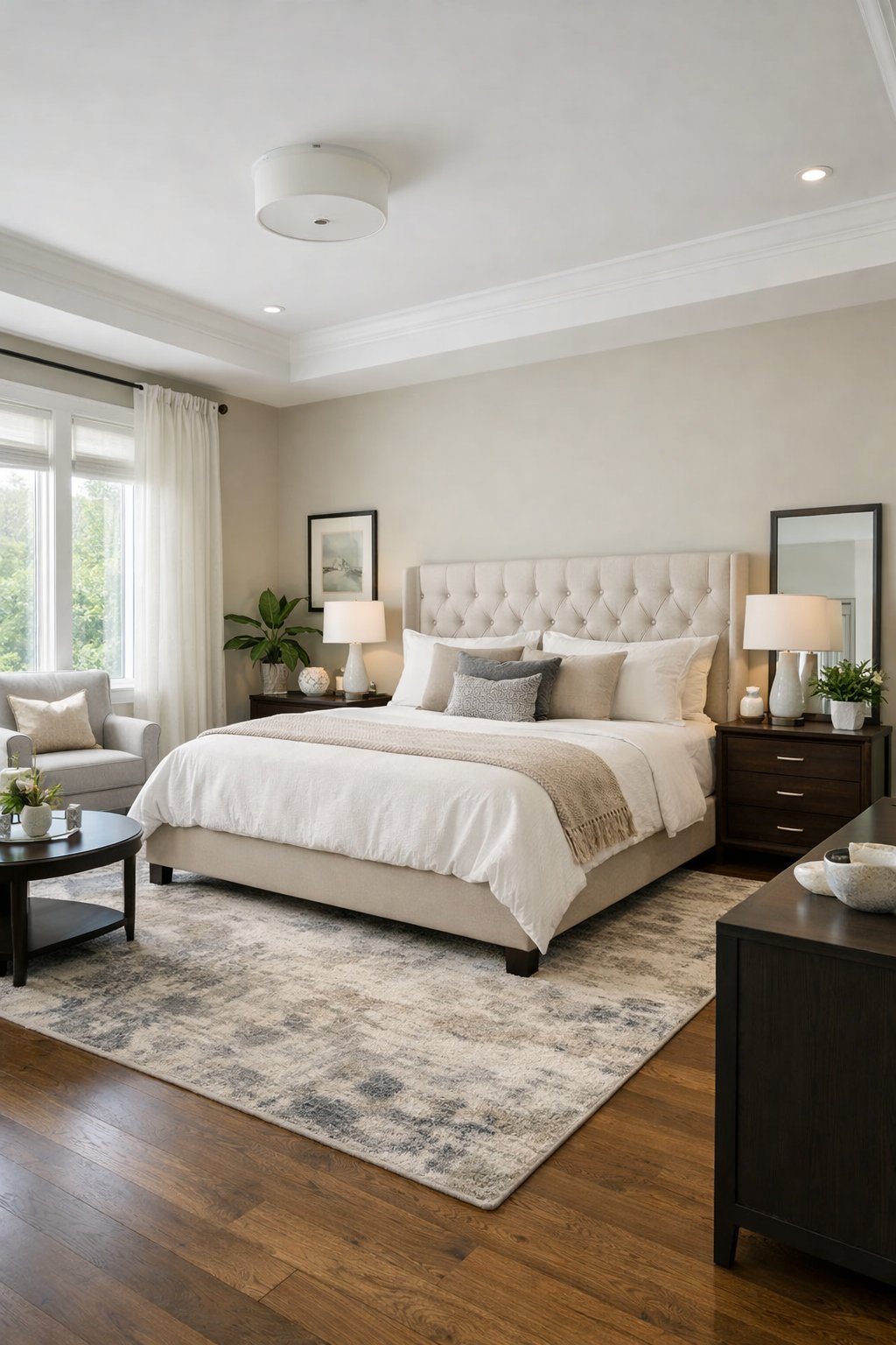 A spacious master bedroom with a king-sized bed, bedside tables, large windows, seating area, and tasteful decor.