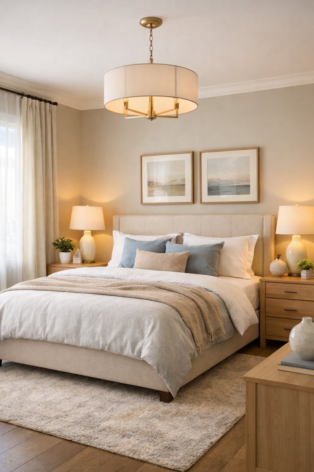 A master bedroom with a large bed, soft bedding, warm lighting, neutral colored walls, and minimal furniture.
