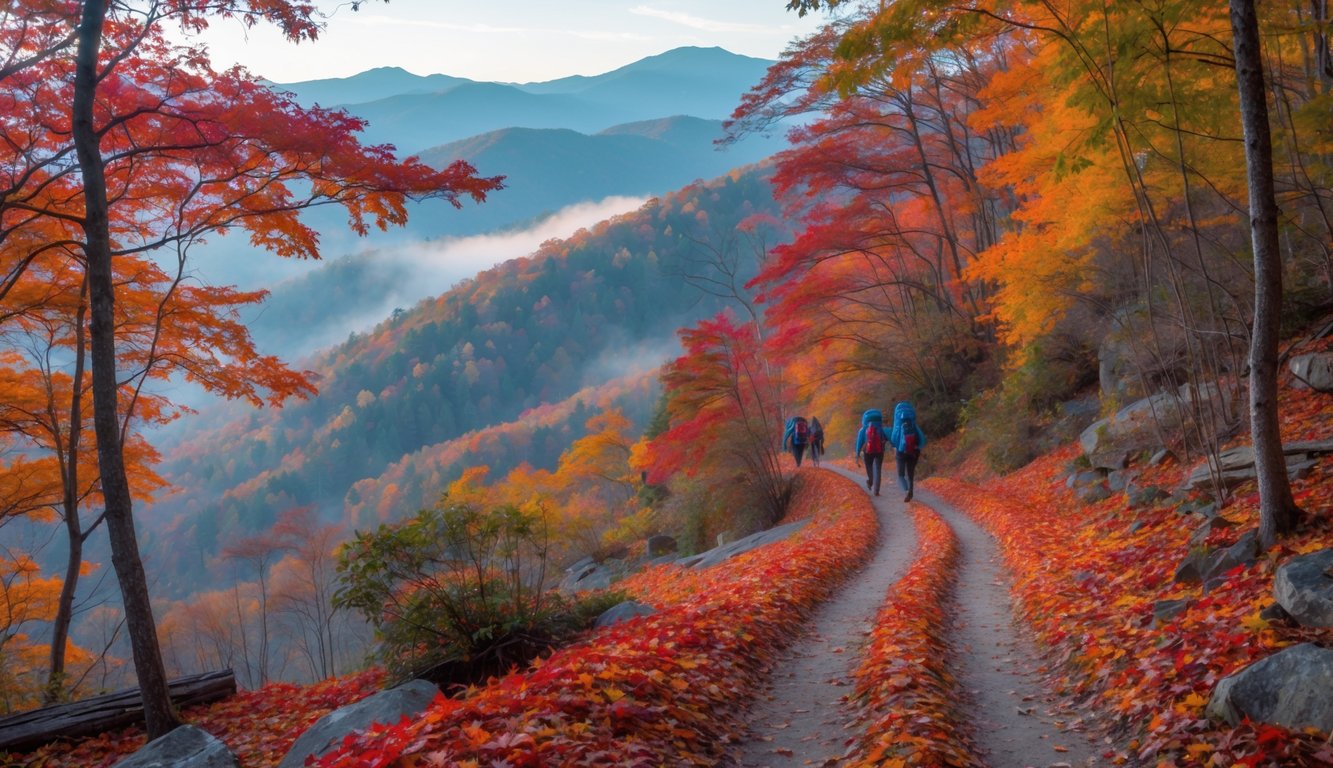 A winding hiking trail surrounded by colorful autumn trees in the Great Smoky Mountains with distant mountain ridges and a few hikers on the path.