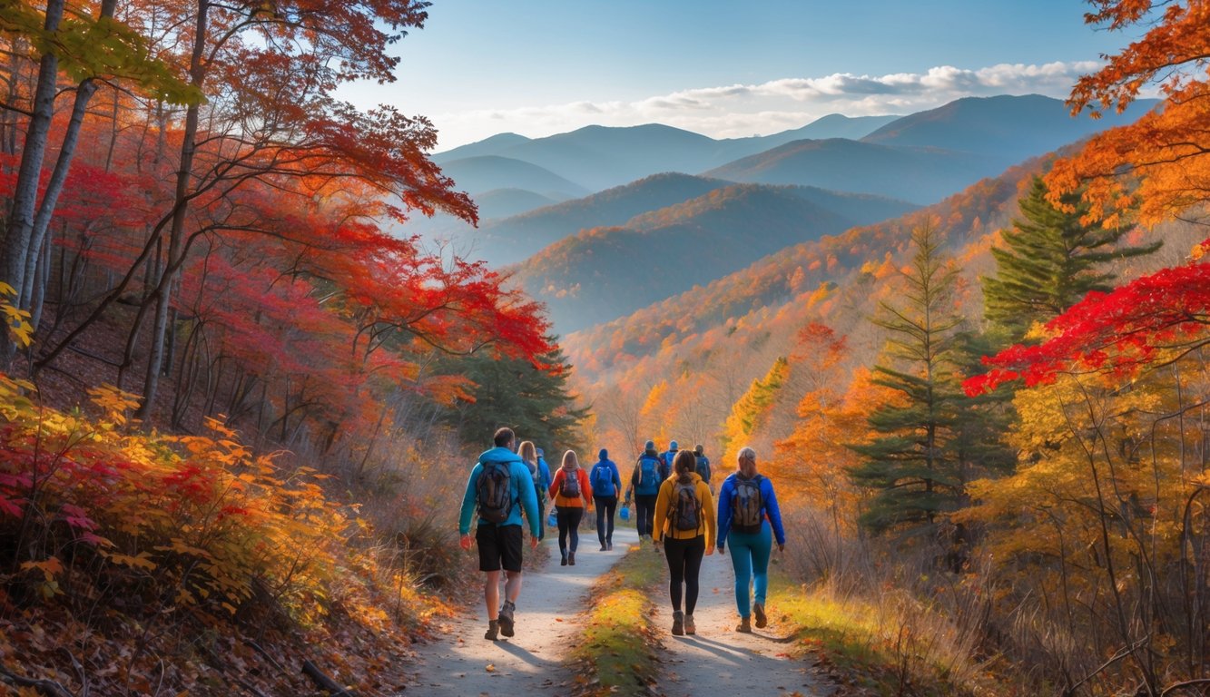 A hiking trail surrounded by colorful autumn trees in the Great Smoky Mountains with hikers walking along the path under a clear sky.