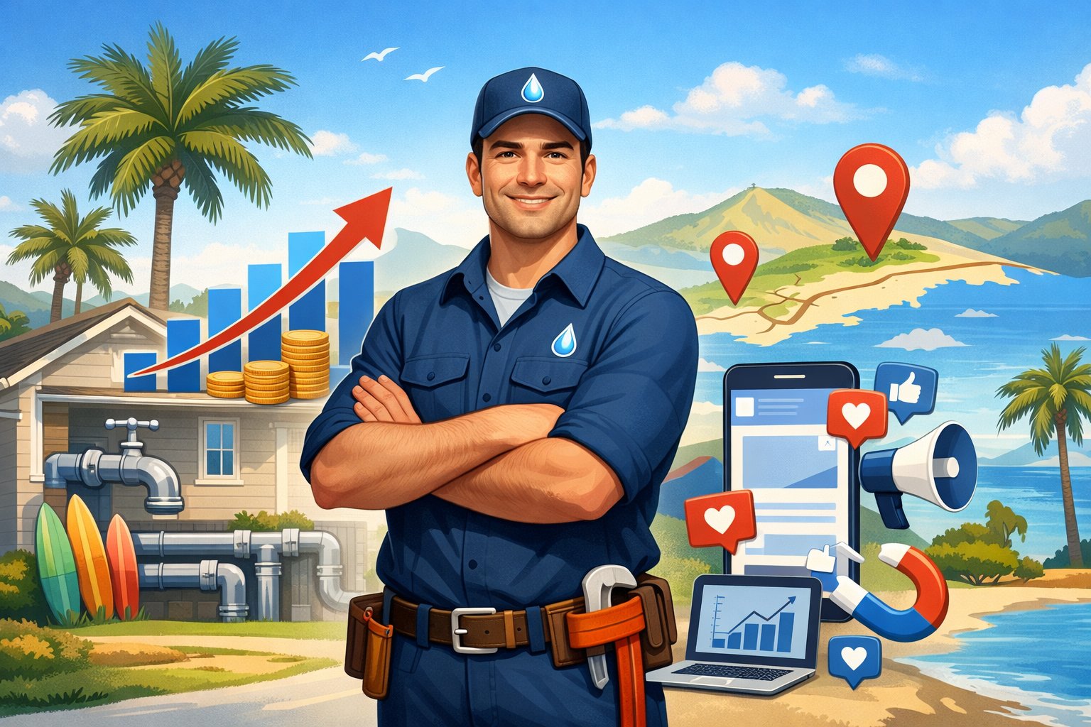 A plumber standing confidently in front of a house with plumbing elements and marketing symbols representing local business growth in Ventura, California.